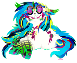 Size: 1024x832 | Tagged: safe, artist:vanillaswirl6, dj pon-3, vinyl scratch, pony, unicorn, chest fluff, colored eyelashes, colorful, drop the bass, dubstep, fluffy, lying, music, music notes, neon, rainbow power, rainbow power-ified, raised eyebrow, sassy, simple background, solo, transparent background