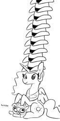 Size: 1080x2160 | Tagged: safe, artist:tjpones, edit, princess celestia, twilight sparkle, alicorn, pony, unicorn, black and white, cowboy hat, duo, female, filly, grayscale, hat, hatception, impossibly many hats, mare, monochrome, ponies riding ponies, riding, role reversal, simple background, squatpony, tower of hats, towering pillar of hats, twiggie, weh, white background, yeehaw