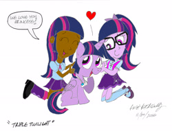 Size: 2433x1858 | Tagged: safe, artist:newportmuse, sci-twi, twilight sparkle, twilight sparkle (alicorn), alicorn, equestria girls, appreciation, crossover, dark skin, heart, human ponidox, self ponidox, signature, simple background, speech bubble, trio, twolight, twyla sparks, white background