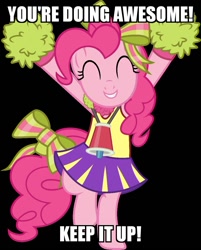 Size: 906x1125 | Tagged: safe, pinkie pie, earth pony, pony, rainbow falls, season 4, armband, arms in the air, awesome, black background, bow, cheering, cheerleader, cheerleader outfit, cheerleader pinkie, clothes, costume, cute, diapinkes, eyes closed, female, good job, hair bow, image macro, jewelry, jumping, mare, meme, necklace, pom pom, positive message, positive ponies, shirt, simple background, skirt, smiley face, smiling, solo, tail bow, uniform