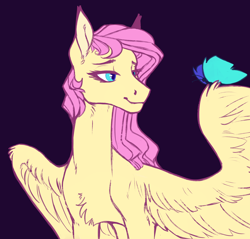 Size: 1962x1878 | Tagged: safe, artist:eeelt, fluttershy, butterfly, insect, pegasus, pony, bust, butterfly wings, chest fluff, female, hoers, lidded eyes, looking at something, mare, purple background, simple background, sitting on wing, smiling, solo, spread wings, wings