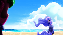 Size: 3840x2160 | Tagged: safe, artist:zvn, princess celestia, princess luna, alicorn, pony, beach, crying, duo, female, looking back, mare, royal sisters, sad, sitting, solo focus