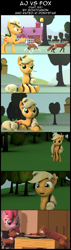 Size: 3944x13940 | Tagged: safe, artist:goatcanon, applejack, pinkie pie, winona, earth pony, fox, pony, comic:aj vs fox, 3d, accordion, comic, food, lady and the tramp, musical instrument, pasta, source filmmaker, spaghetti, spaghetti scene, sweet apple acres, text