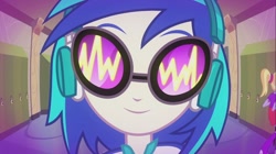 Size: 1100x618 | Tagged: safe, screencap, cloudy kicks, dj pon-3, vinyl scratch, equestria girls, music to my ears, rainbow rocks, boot, glasses, headphones, lockers, rear view