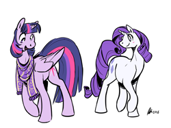 Size: 1280x955 | Tagged: safe, artist:rwl, rarity, twilight sparkle, twilight sparkle (alicorn), alicorn, pony, unicorn, blushing, clothes, female, lesbian, rarilight, scarf, shipping, simple background, story included, white background