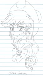 Size: 753x1355 | Tagged: safe, artist:haleyc4629, part of a set, applejack, human, equestria girls, applejack's hat, bust, cowboy hat, crossover, female, hat, lined paper, manga attempt, monochrome, portrait, sailor guardian, sailor honesty, sailor moon, sailor scout, sketch, solo, traditional art