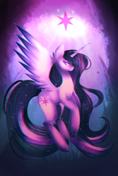 Size: 1387x2075 | Tagged: safe, artist:lyapustk, derpibooru import, twilight sparkle, twilight sparkle (alicorn), alicorn, pony, chromatic aberration, ear fluff, female, flying, mare, older, older twilight, profile, solo, spread wings, ultimate twilight, wings