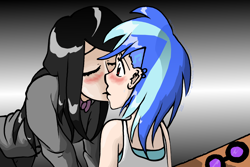 Size: 3000x2000 | Tagged: safe, artist:senaris, dj pon-3, octavia melody, vinyl scratch, human, blushing, female, humanized, kissing, lesbian, scratchtavia, shipping