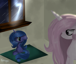 Size: 2034x1712 | Tagged: safe, artist:nersigon, princess celestia, princess luna, alicorn, pony, unicorn, blanket, cewestia, female, filly, lightning, pink-mane celestia, rain, smiling, thunder, thunderstorm, window, woona, younger