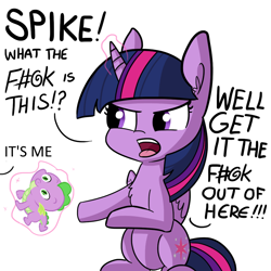 Size: 1080x1080 | Tagged: safe, artist:millennial dan, artist:tjpones, edit, spike, twilight sparkle, twilight sparkle (alicorn), alicorn, dragon, pony, angry, baby spike, chest fluff, cute, dialogue, exploitable meme, get it the f#@k out of here, implied spike, levitation, magic, meme, offscreen character, open mouth, paradox, self dragondox, simple background, sitting, solo, telekinesis, time paradox, tongue out, twibitch sparkle, vulgar, white background, yelling