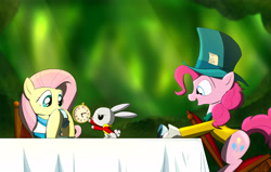 Size: 5672x3600 | Tagged: safe, artist:theravencriss, angel bunny, fluttershy, pinkie pie, earth pony, pegasus, pony, alice in wonderland, blazer, bowtie, chair, clock, clothes, cup, female, fob watch, frock coat, hat, mare, pinafore, shirt, table, teacup, top hat