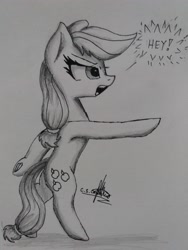 Size: 3096x4128 | Tagged: safe, artist:ironbeastz, applejack, earth pony, pony, bipedal, hatless, high res, missing accessory, monochrome, solo, traditional art, underhoof