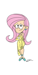 Size: 817x1600 | Tagged: safe, artist:jmdoodle, fluttershy, human, clothes, colored, dress, ear piercing, female, humanized, piercing, solo, style emulation, the loud house