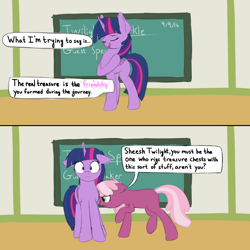 Size: 2000x2000 | Tagged: safe, artist:vanillaghosties, derpibooru import, cheerilee, twilight sparkle, twilight sparkle (alicorn), alicorn, pony, chalkboard, comic, floppy ears, missing cutie mark, newbie artist training grounds, pushing