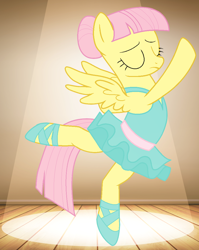 Size: 862x1082 | Tagged: safe, artist:xxcisfriendoxx, fluttershy, pegasus, pony, alternate hairstyle, ballerina, ballet, ballet slippers, clothes, eyes closed, flutterina, on one hoof, on one leg, spotlight, tutu