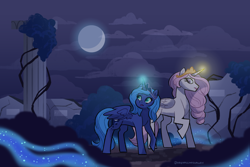 Size: 3600x2400 | Tagged: safe, artist:dreamscapevalley, princess celestia, princess luna, alicorn, pony, duo, duo female, female, glowing horn, high res, horn, implied nightmare moon, mare, moon, night, pink-mane celestia, s1 luna