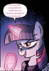 Size: 476x691 | Tagged: safe, artist:tonyfleecs, derpibooru import, edit, idw, twilight sparkle, twilight sparkle (alicorn), alicorn, pony, ponies of dark water, spoiler:comic, spoiler:comic45, castlevania, clothes, empress of ponyville twilight sparkle, glass, magic, meme, scarf, smuglight sparkle, telekinesis, text, tyrant sparkle, what is a man