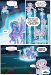 Size: 1280x1905 | Tagged: safe, artist:jeremy3, artist:lummh, princess celestia, alicorn, pony, comic:celestia's destiny, cave, cavern, cewestia, comic, crystal, female, filly, foal, future, glowing gems, past, pink-mane celestia, reflection, swimming pool, water, young celestia, younger