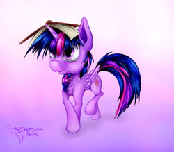 Size: 1600x1400 | Tagged: safe, artist:ferasor, derpibooru import, twilight sparkle, twilight sparkle (alicorn), alicorn, pony, book, book hat, bookhorse, solo, that pony sure does love books