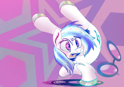 Size: 1280x896 | Tagged: safe, artist:hecc95, dj pon-3, vinyl scratch, pony, unicorn, abstract background, flexible, glasses, missing horn, open mouth, record, solo, standing, standing on one leg, sunglasses, vinyl missing her horn