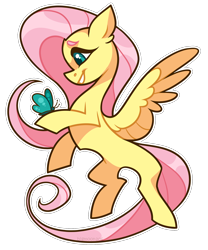 Size: 1662x2000 | Tagged: safe, artist:bigmoon206, fluttershy, butterfly, pegasus, pony, explicit source, female, flying, hoof hold, looking at something, mare, outline, profile, simple background, smiling, solo, spread wings, transparent background, white outline, wings