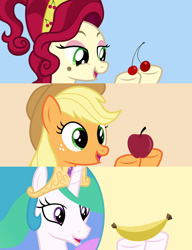 Size: 4600x6000 | Tagged: safe, artist:parclytaxel, applejack, cherry jubilee, princess celestia, alicorn, earth pony, pony, .svg available, absurd resolution, apple, banana, bananalestia, cherry, female, food, hoof hold, mare, open mouth, pixiv, smiling, vector