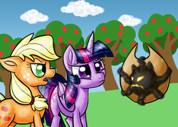 Size: 1400x1000 | Tagged: safe, artist:sallindaemon, derpibooru import, applejack, twilight sparkle, twilight sparkle (alicorn), alicorn, earth pony, pony, applejack's hat, cowboy hat, hat, monster