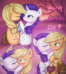 Size: 1700x1900 | Tagged: safe, artist:tcn1205, applejack, rarity, earth pony, pony, unicorn, applejack's hat, blushing, box, box of chocolates, cowboy hat, cute, female, handkerchief, hat, heart, holiday, horn, kissing, lesbian, mare, rarijack, shipping, tree, valentine's day