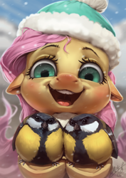 Size: 850x1200 | Tagged: safe, artist:assasinmonkey, fluttershy, bird, pegasus, pony, animal, blushing, clothes, cute, female, floppy ears, fluffy, great tit, happy, hat, hoof hold, impossibly large tits, looking at you, mare, open mouth, pun, pun in the tags, red nosed, scarf, shyabetes, smiling, snow, tit (bird), visual pun