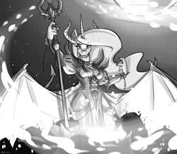 Size: 5104x4449 | Tagged: safe, artist:spiderweber, princess celestia, alicorn, anthro, bat wings, beelzebub, black and white, clothes, dress, evil celestia, fantasia, grayscale, horns, monochrome, night on bald mountain, solo, souls, three horns, trident, wings