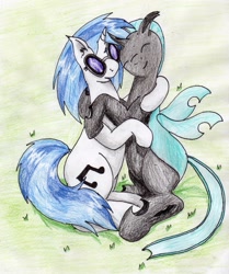 Size: 2361x2822 | Tagged: safe, artist:40kponyguy, derpibooru exclusive, dj pon-3, vinyl scratch, oc, oc:steel crescent, changeling, pony, unicorn, changeling oc, ear fluff, glasses, hug, requested art, traditional art