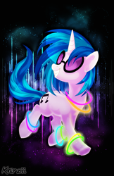 Size: 600x927 | Tagged: safe, artist:karzii, dj pon-3, vinyl scratch, pony, unicorn, dancing, glow rings, grin, signature, smiling, solo