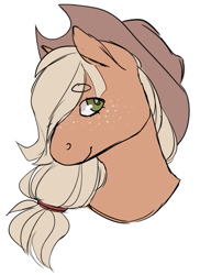 Size: 535x735 | Tagged: safe, artist:spartalabouche, applejack, earth pony, pony, beanbrows, bust, cowboy hat, eyebrows, female, freckles, hair tie, hat, looking at you, mare, simple background, smiling, solo, white background