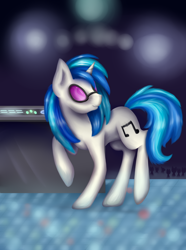 Size: 3266x4400 | Tagged: safe, artist:ellen124, dj pon-3, vinyl scratch, pony, unicorn, absurd resolution, female, mare, raised hoof, solo, stage, turntable