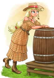 Size: 1109x1600 | Tagged: safe, artist:king-kakapo, applejack, human, barrel, boots, clothes, cowboy hat, dress, grass, hat, humanized, shoes, smiling, solo, stetson