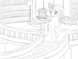 Size: 1024x768 | Tagged: safe, artist:novaintellus, derpibooru import, twilight sparkle, twilight sparkle (alicorn), alicorn, pony, book, bookshelf, magic, monochrome