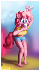 Size: 1080x1920 | Tagged: safe, artist:stann.co, pinkie pie, anthro, plantigrade anthro, belly button, clothes, cream, cupcake, digital art, food, midriff, muffin, painting, photoshop, pie, pinup, short shirt, shorts, sugarcube corner, whipped