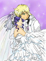 Size: 700x930 | Tagged: safe, artist:eulicious, applejack, rarity, human, clothes, dress, female, humanized, lesbian, marriage, rarijack, shipping, simple background, sparkles, suit, wedding, wedding dress