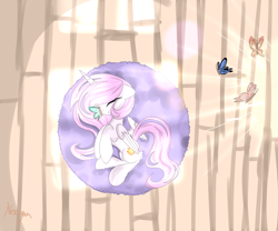 Size: 3583x2976 | Tagged: safe, artist:nersigon, princess celestia, alicorn, butterfly, pony, cewestia, female, filly, mare, pink-mane celestia, sleeping, solo, sunshine, younger