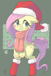 Size: 1000x1480 | Tagged: safe, artist:yanamosuda, fluttershy, pegasus, pony, bipedal, blushing, christmas, clothes, costume, cute, female, hat, holiday, looking at you, mare, santa costume, santa hat, scarf, shyabetes, solo