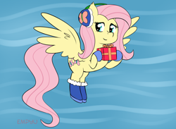 Size: 1000x733 | Tagged: safe, artist:empyu, fluttershy, pegasus, pony, earmuffs, female, flying, present, solo