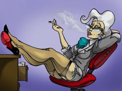 Size: 790x588 | Tagged: safe, artist:susiebeeca, mayor mare, human, breasts, cigarette, clothes, cutie mark, eyes closed, feet on table, female, garters, glasses, gradient background, high heels, humanized, shoes, sitting, smoking, solo, stockings, tattoo