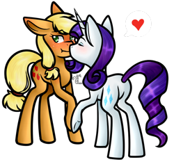 Size: 688x640 | Tagged: safe, artist:animeangel120, applejack, rarity, earth pony, pony, unicorn, blushing, embarrassed, eyes closed, female, heart, kissing, lesbian, pictogram, raised hoof, rarijack, shipping, simple background, transparent background