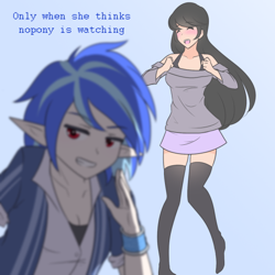 Size: 540x539 | Tagged: safe, artist:jonfawkes, dj pon-3, octavia melody, vinyl scratch, human, ask human octavia, clothes, cute, dancing, eyes closed, humanized, skirt