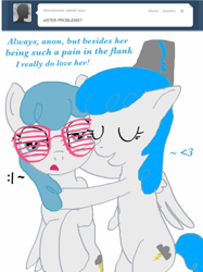 Size: 500x667 | Tagged: safe, artist:askthunderrush, lightning bolt, white lightning, pegasus, pony, :, annoyed, ask, ask thunder rush, duo, eyes closed, female, glasses, hat, heart, mare, simple background, sisters, thunder rush, tumblr, white background