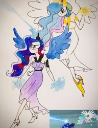 Size: 514x668 | Tagged: safe, artist:lunaart, screencap, princess celestia, princess luna, alicorn, human, the crystalling, horn, horned humanization, humanized, magic, scene interpretation, screencap reference, traditional art, winged humanization, wings