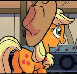 Size: 280x269 | Tagged: safe, applejack, earth pony, pony, spoiler:comic, female, freckles, mare, open mouth, plot, smiling, solo