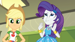 Size: 1280x720 | Tagged: safe, screencap, applejack, rarity, better together, driving miss shimmer, equestria girls, duckface