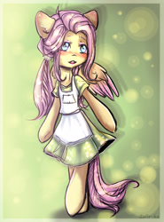 Size: 2000x2700 | Tagged: safe, artist:zefirka, fluttershy, pegasus, pony, semi-anthro, apron, clothes, cute, dress, female, shyabetes, solo