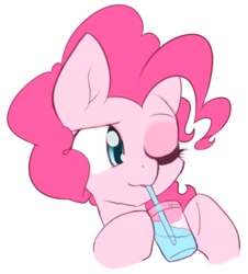 Size: 1090x1204 | Tagged: safe, artist:akainu_pony, pinkie pie, earth pony, pony, bust, cute, drink, drinking, drinking straw, female, mare, one eye closed, simple background, solo, white background